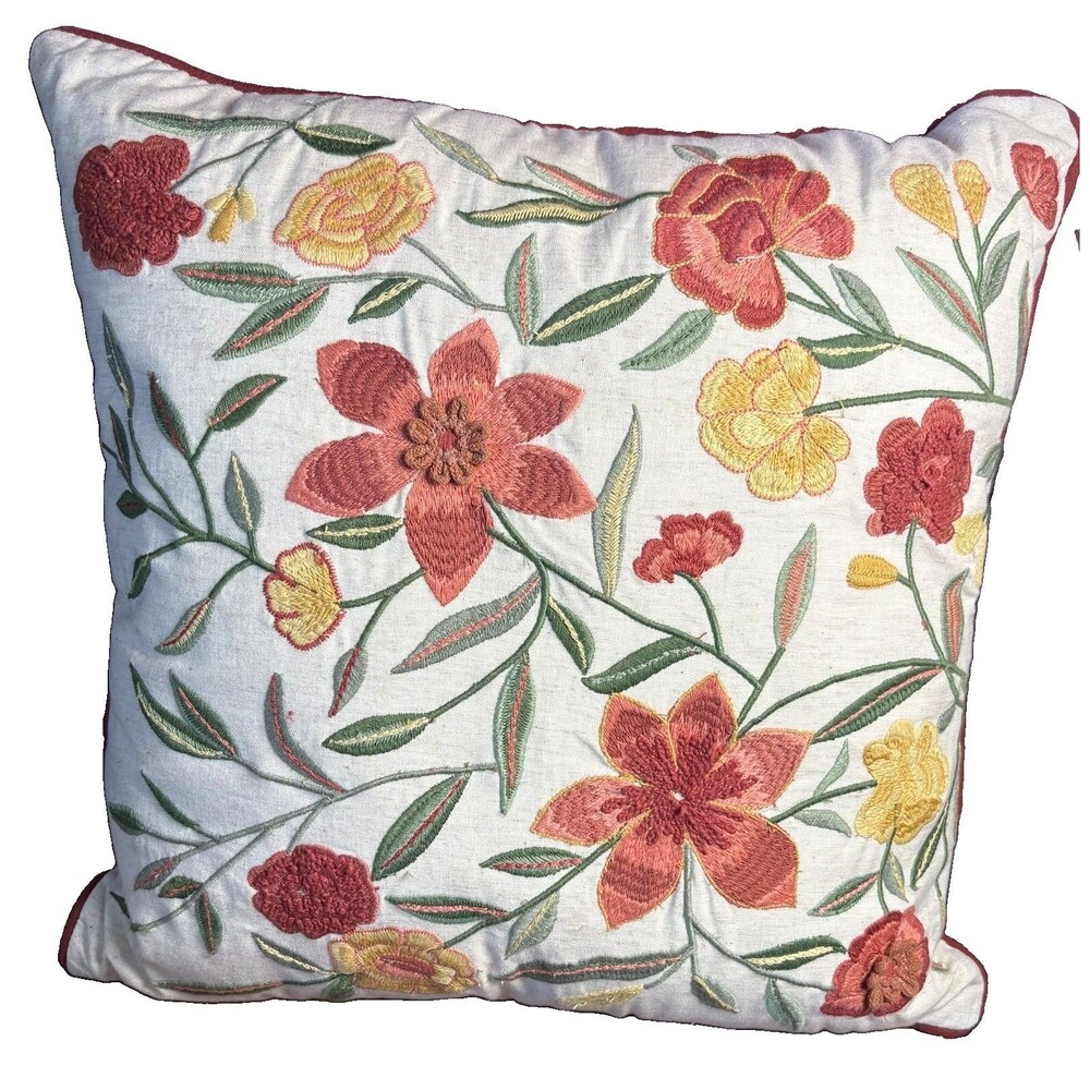 Pier 1 Imports Embroidered Floral Throw Pillow 18x18 Rust Cream Crewel Boho